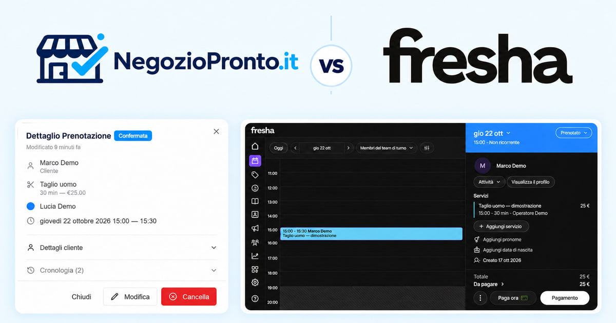 Copertina illustrativa: Negozio Pronto VS Fresha, con loghi e interfacce