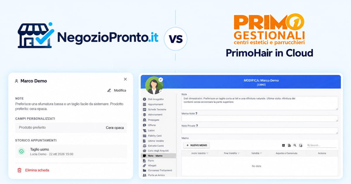 Copertina illustrativa: Negozio Pronto VS PrimoHair in Cloud, con loghi e interfacce