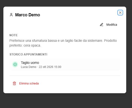 Scheda cliente di Negozio Pronto con una nota dimostrativa